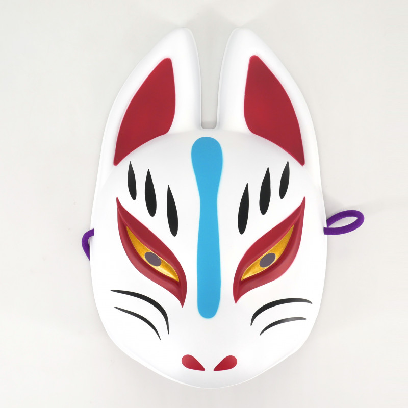 Masque de renard japonais traditionnel, KITSUNE, bleu et rouge