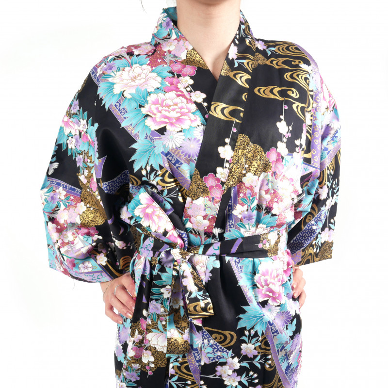 Hanten traditioneller japanischer schwarzer Kimono in Satin Baumwolle kleine Prinzessin für Frauen