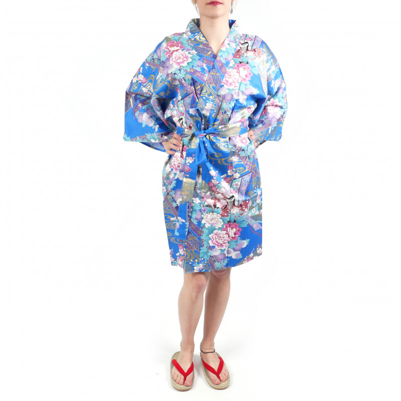 hanten kimono traditionnel japonais bleu en coton satiné petite princesse pour femme