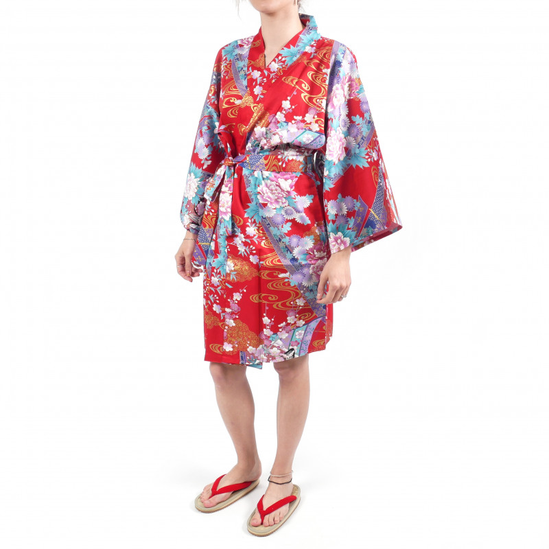 hanten traditional japanese red kimono in satin cotton little princess for women