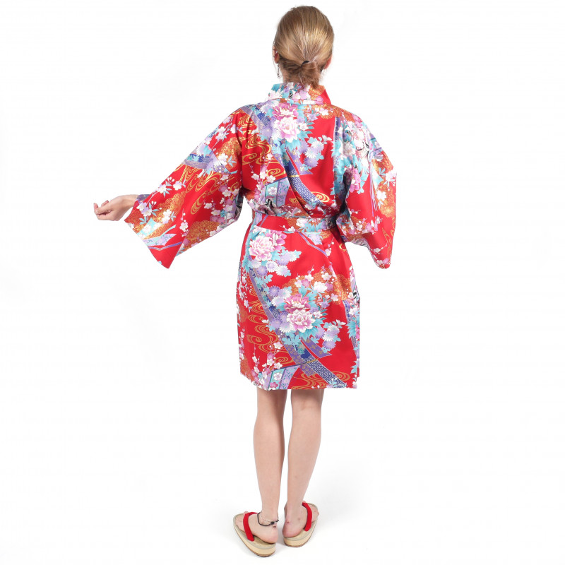 Kimono hanten tradizionale giapponese rosso in raso di cotone per principessa da donna