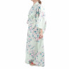 Japanische traditionelle türkisfarbene Baumwolle Yukata Kimono weiße Kirschblüten für Frauen