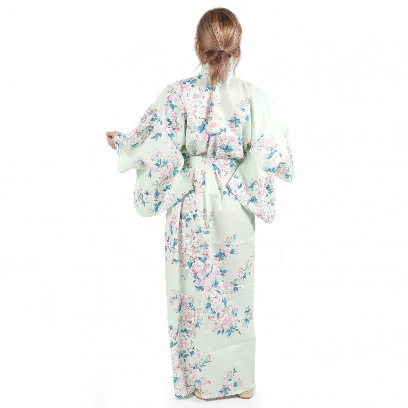 Japanese traditional turquoise cotton yukata kimono white cherry blossoms for women