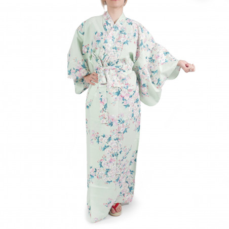 Japonés tradicional turquesa algodón yukata kimono blanco flores de cerezo para mujeres