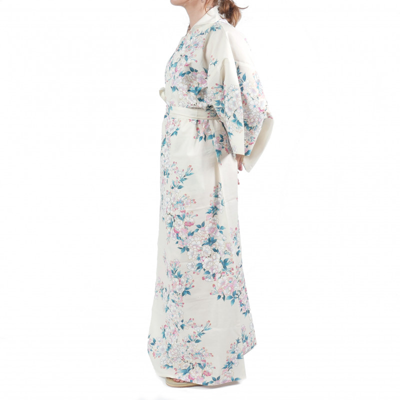 kimono yukata traditionnel japonais blanc en coton fleurs de cerisiers blanches pour femme
