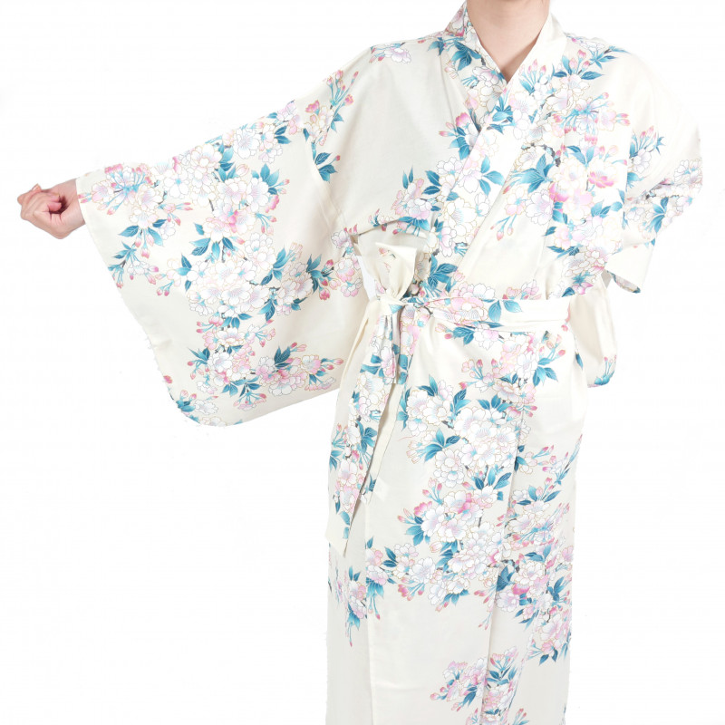 kimono yukata traditionnel japonais blanc en coton fleurs de cerisiers blanches pour femme