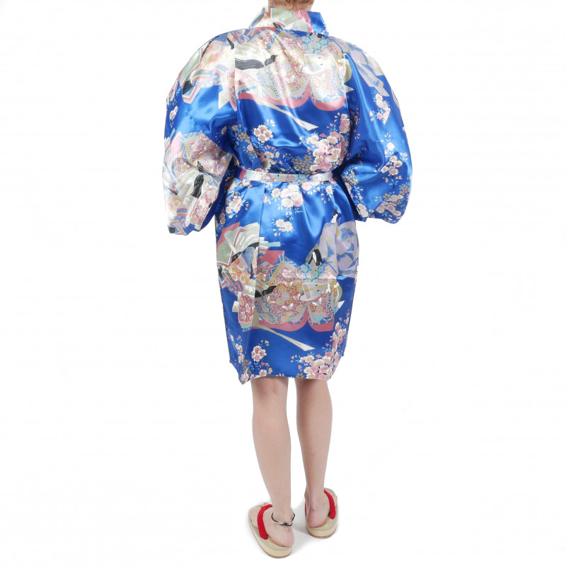 Kimono tradizionale giapponese blu hanten in dinastia poliestere sotto il fiore di ciliegio per donna