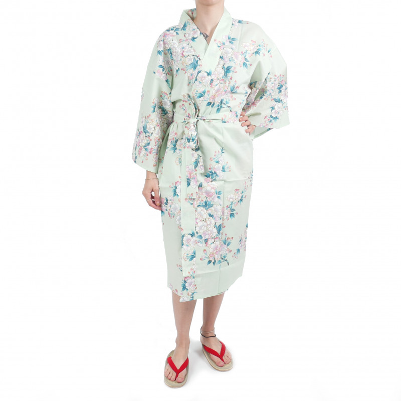 happi traditional japanese turquoise cotton kimono white cherry blossoms for women