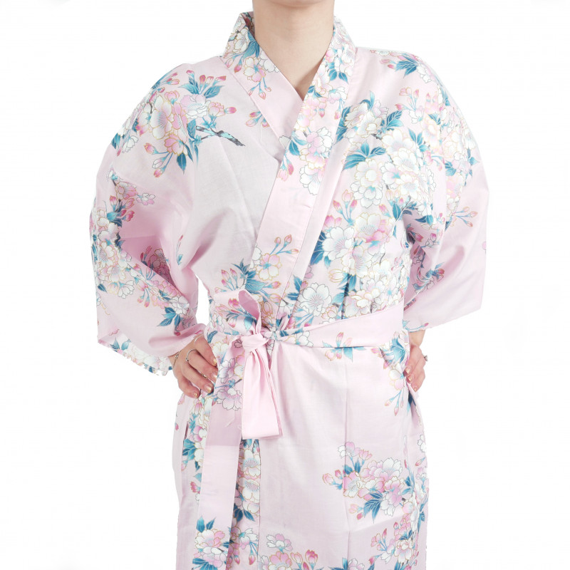 happi kimono traditionnel japonais rose en coton fleurs de cerisiers blanches pour femme
