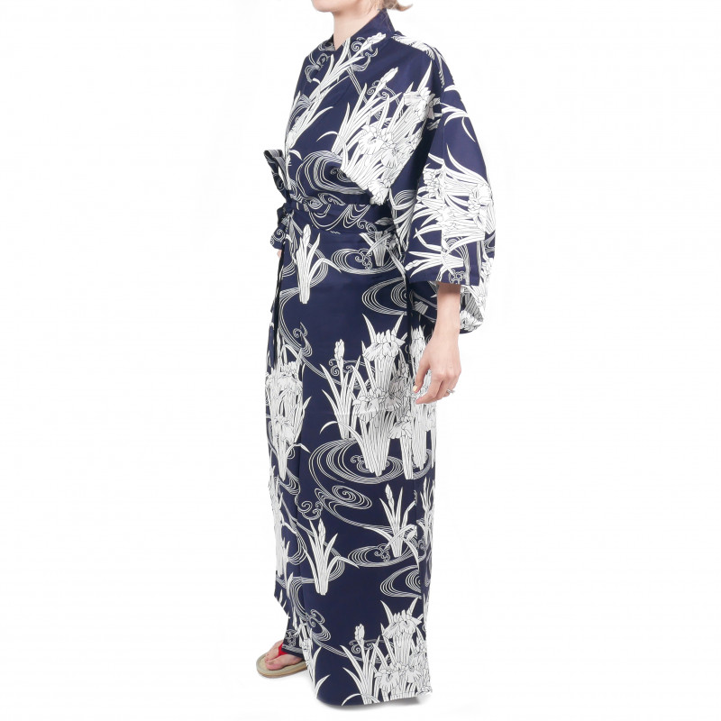 Japanese traditional blue cotton yukata kimono in iris and river for women