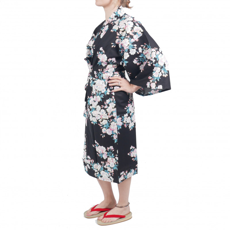 happi kimono traditionnel japonais noir en coton fleurs de cerisiers blanches pour femme