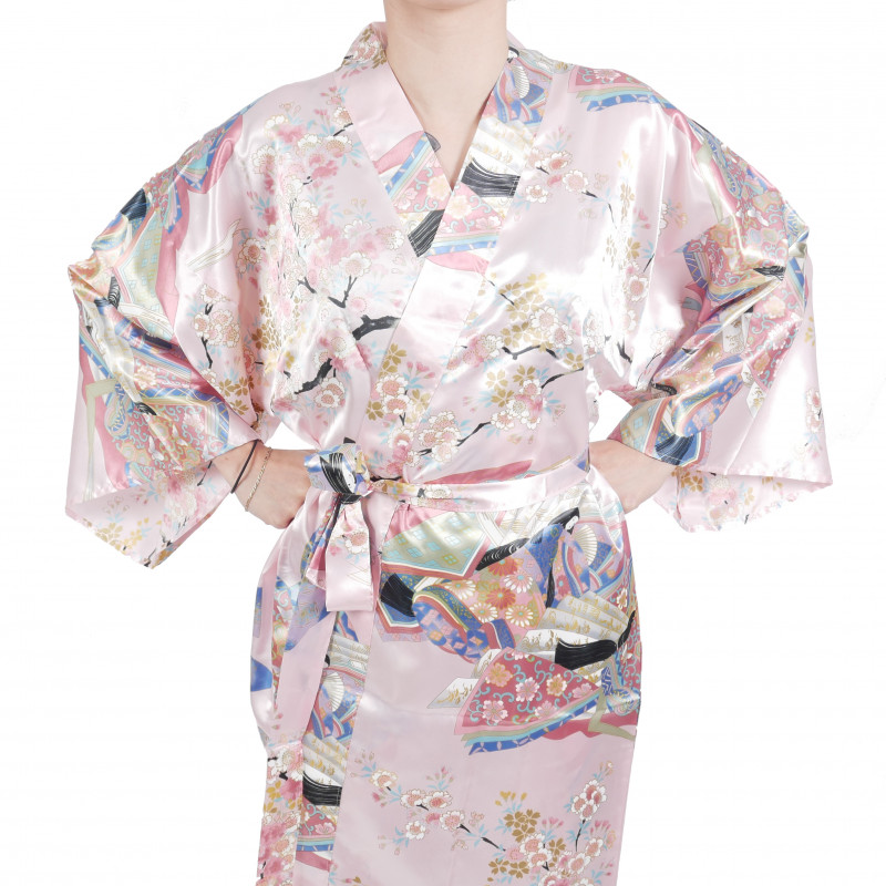hanten traditional japanese pink kimono in polyester dynasty under the cherry blossom for women