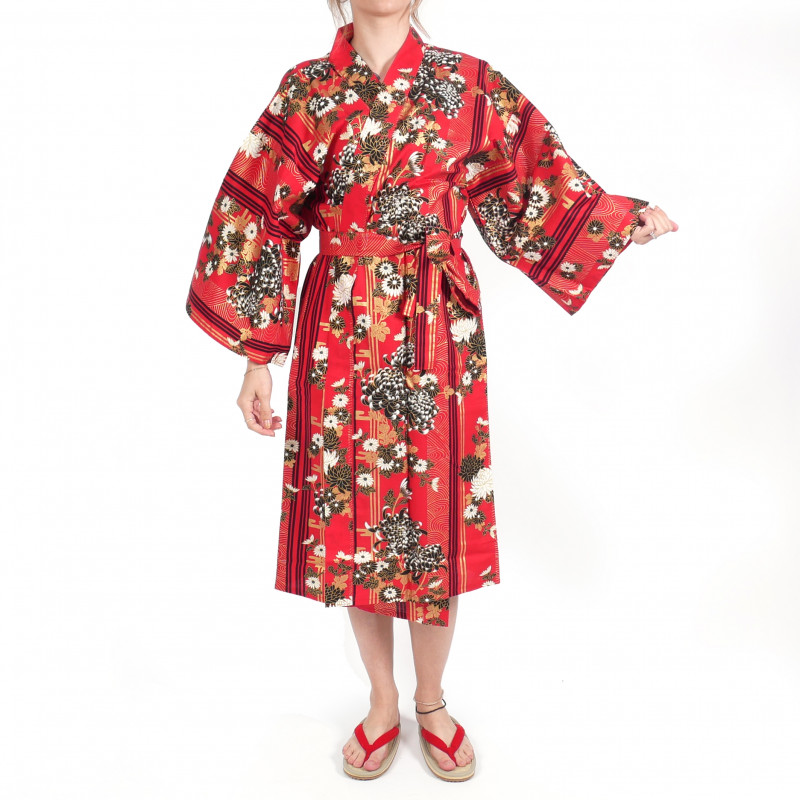 Happi traditionelle japanische rote Baumwolle Kimono Blumen Chrysanthemen für Frauen