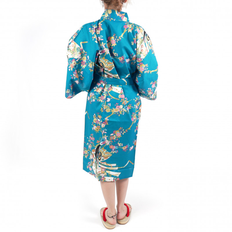 happi kimono traditionnel japonais turquoise en coton princesse cerisier pour femme