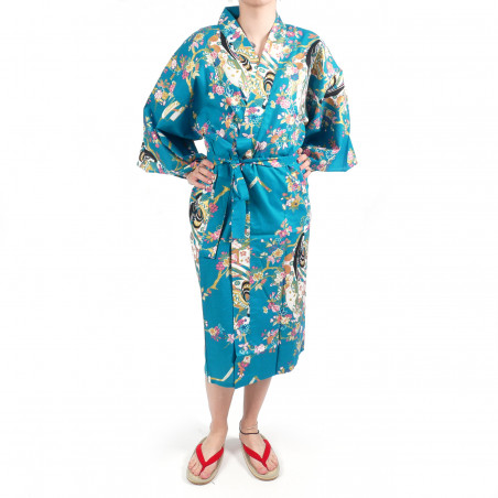 Happi traditioneller japanischer türkisfarbener Baumwollkirschprinzessin-Kimono für Frauen