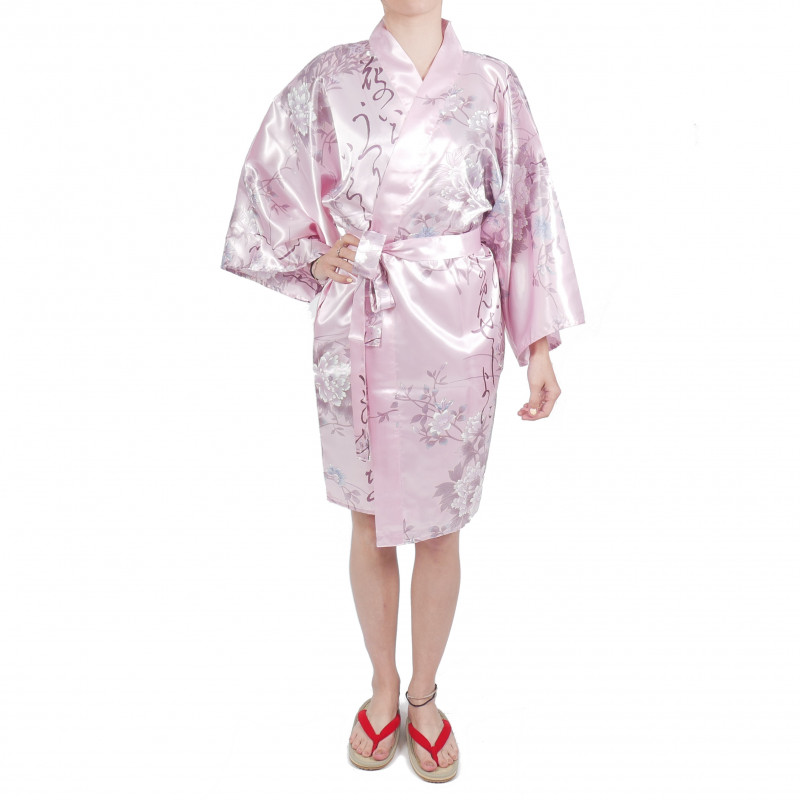 hanten traditional japanese pink kimono in satin poetry and flowers for woman