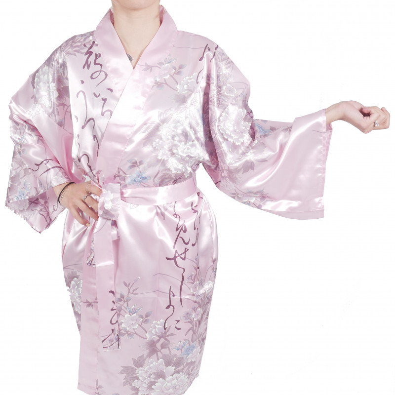 hanten traditional japanese pink kimono in satin poetry and flowers for woman