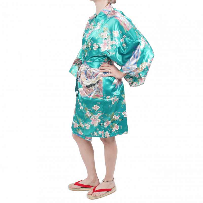 kimono tradicional turquesa japonés hanten en dinastía poliéster bajo la flor de cerezo para mujer