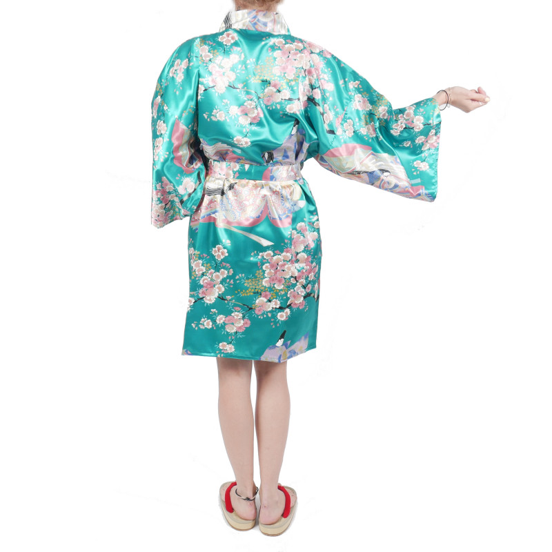 hanten traditional japanese turquoise kimono in polyester dynasty under the cherry blossom for women