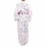 kimono yukata traditionnel japonais rose en coton fleurs de cerisiers blanches pour femme
