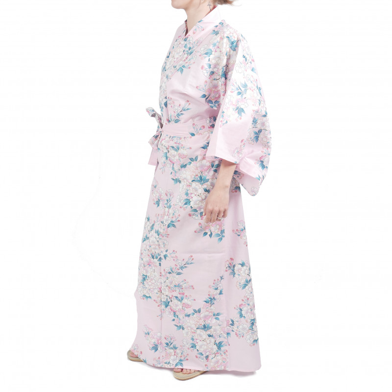Flores de cerezo blancas japonesas tradicionales de kimono yukata rosa de algodón para mujeres