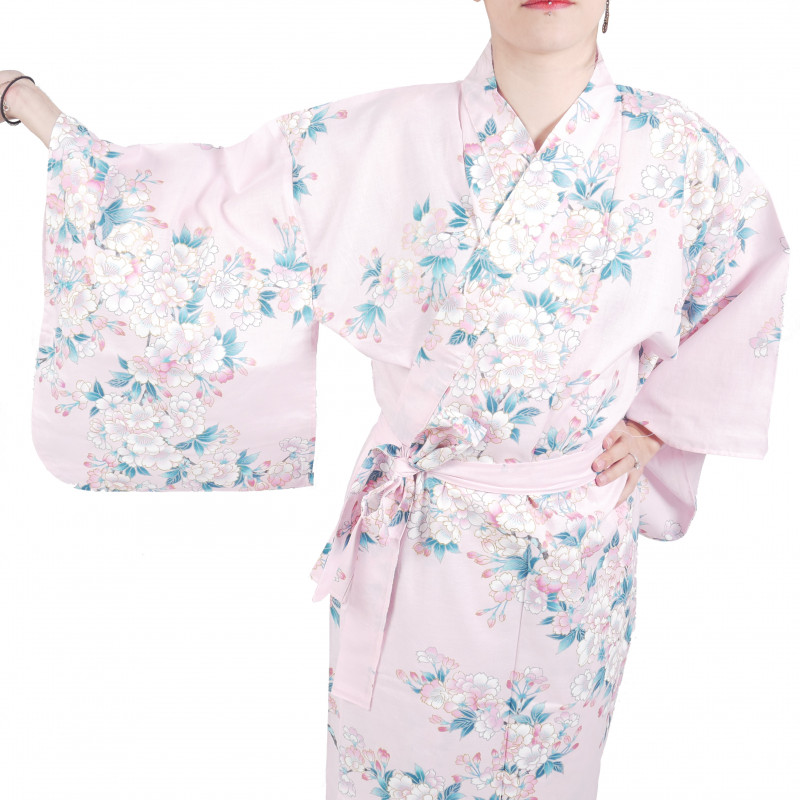 kimono yukata traditionnel japonais rose en coton fleurs de cerisiers blanches pour femme