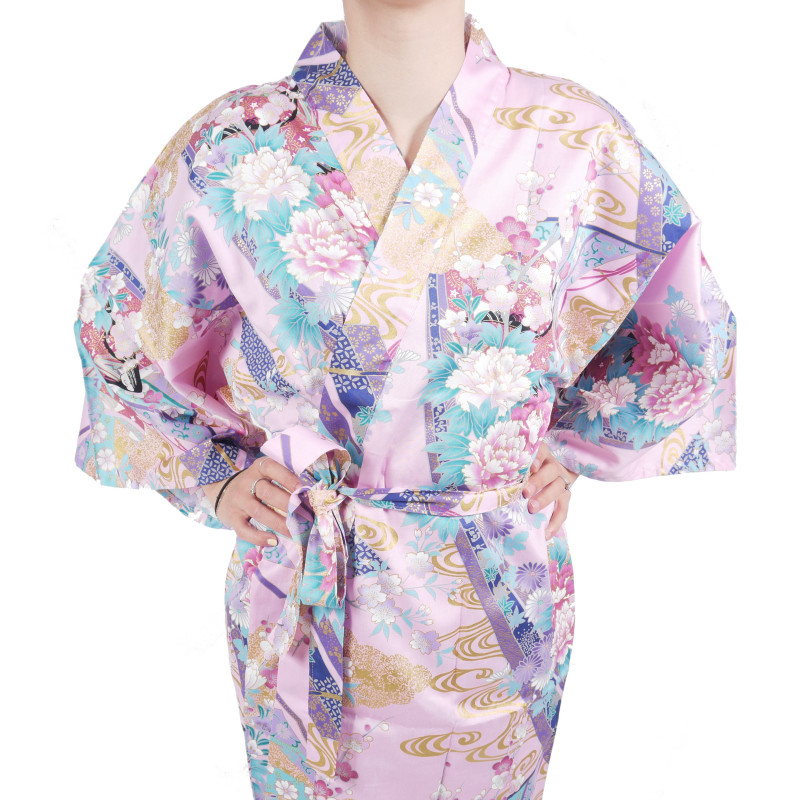 hanten kimono traditionnel japonais rose en coton satiné petite princesse pour femme