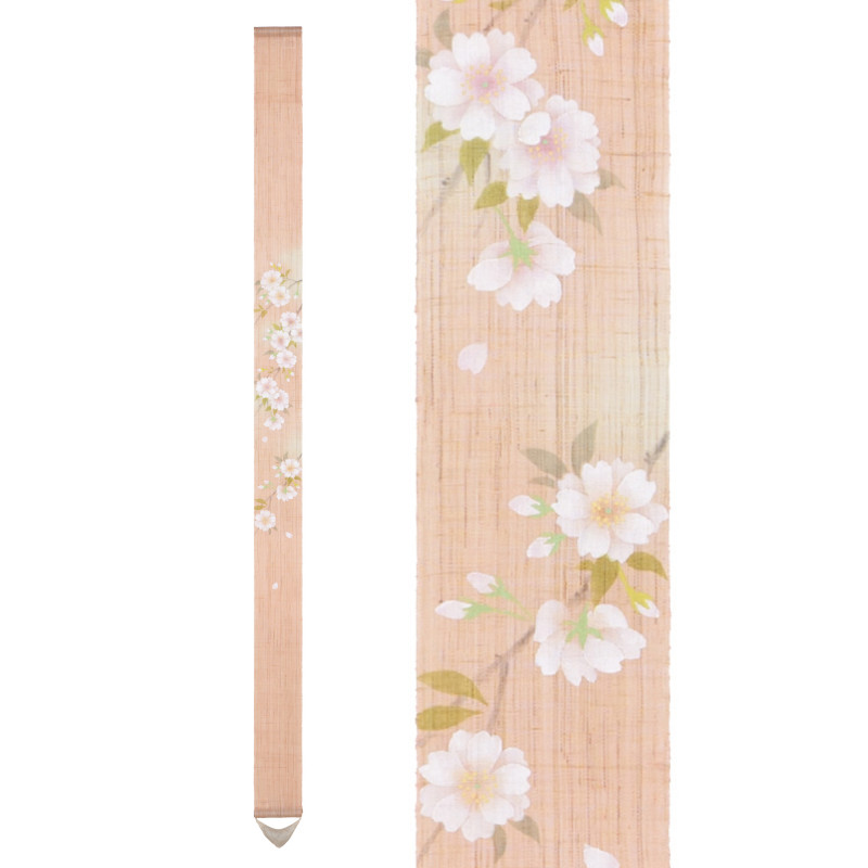 Fino tapiz japonés en cáñamo, pintado a mano, YAEZAKURA, flor de cerezo doble
