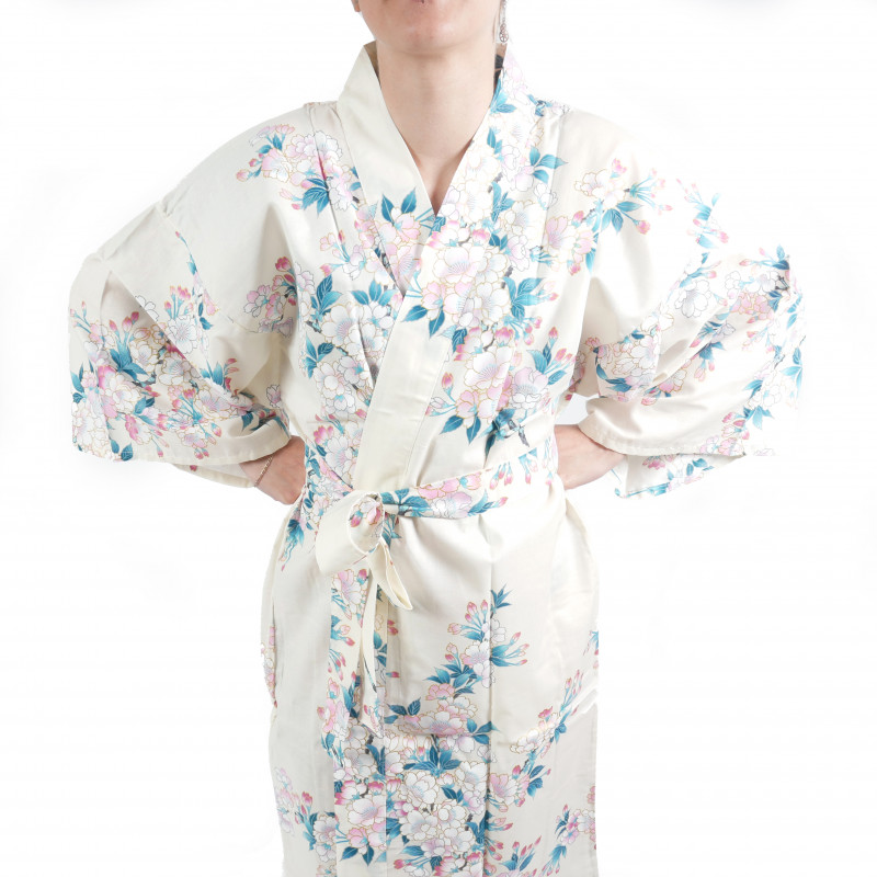 happi kimono traditionnel japonais blanc en coton fleurs de cerisiers blanches pour femme