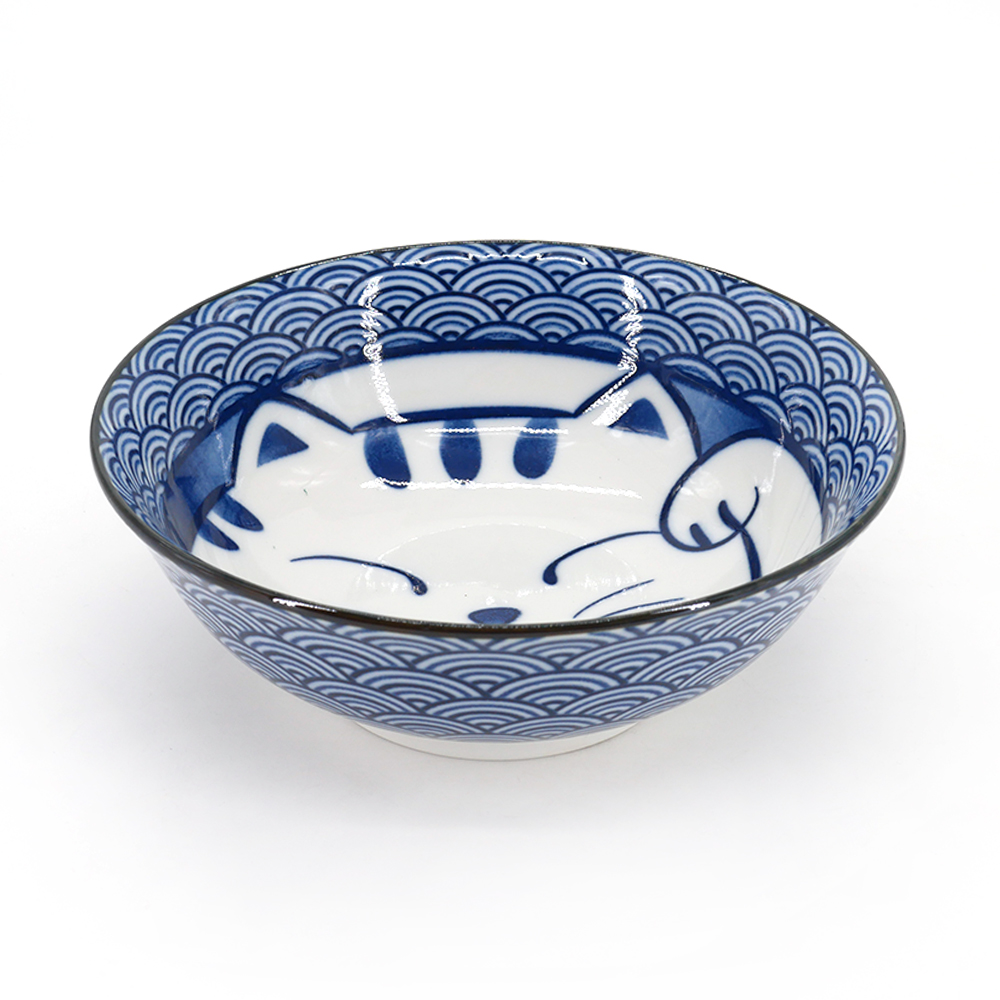 Japanese ceramic ramen bowl - AO MANEKINEKO - cat motif