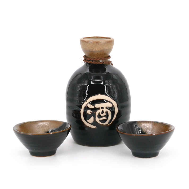 service à saké bouteille et 2 tasses, TENMOKU, noir et kanji
