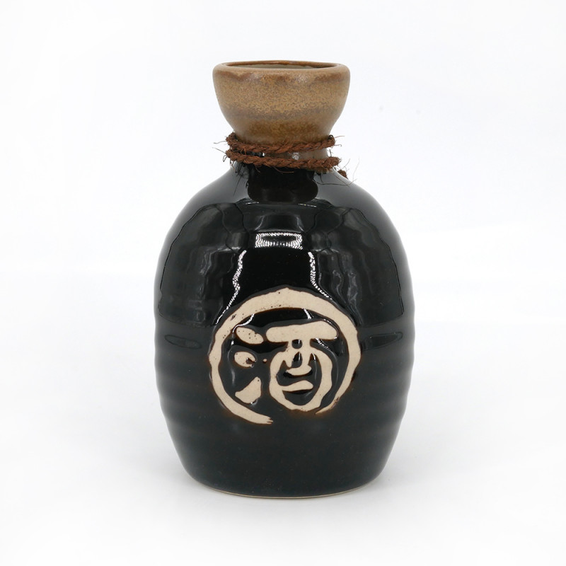 service à saké bouteille et 2 tasses, TENMOKU, noir et kanji