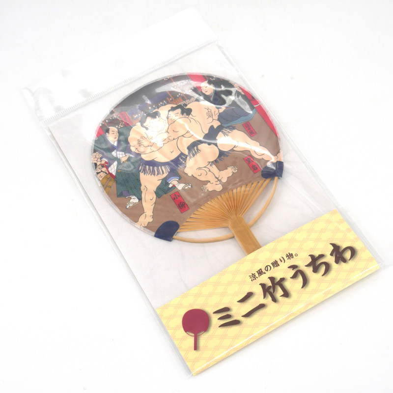 Petit Éventail japonais non pliant uchiwa en papier et bamboo motif sumo, SUMOTORI, 17.5cm