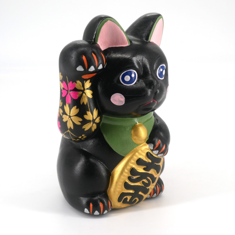 Chat Porte Bonheur Japonais Manekineko Sakura Noir Et Fleurs Dorees