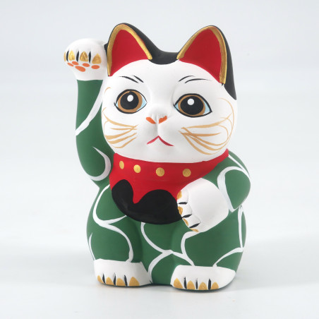 Gato de la suerte japonés manekineko, MIDORI KARAKUSA, verde y arabescos