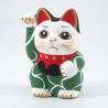 Japanese manekineko lucky cat, MIDORI KARAKUSA, green and arabesques