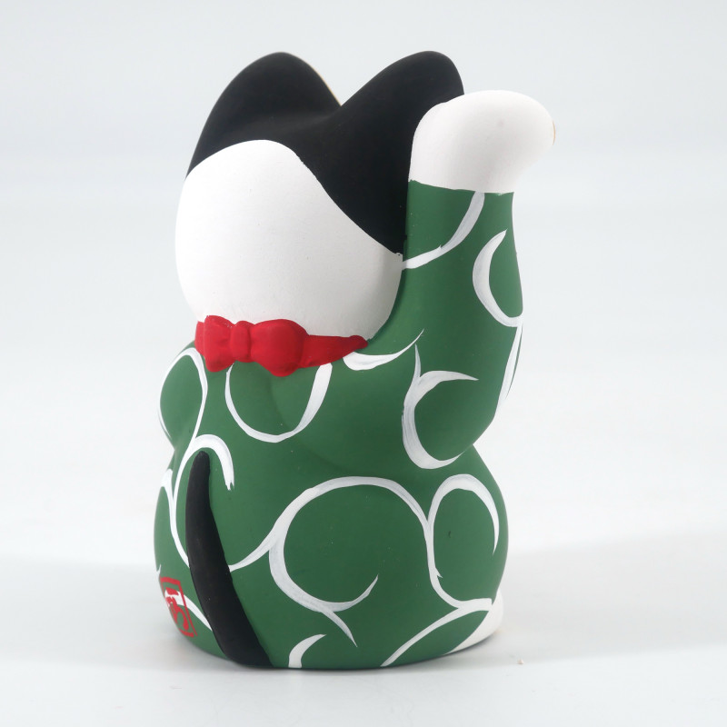 Japanese manekineko lucky cat, MIDORI KARAKUSA, green and arabesques