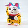 Chat porte-bonheur japonais manekineko, KI KARAKUSA, jaune et arabesques