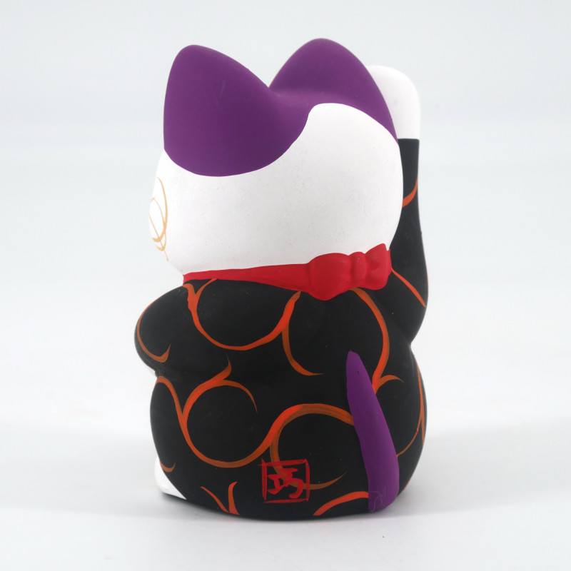 Chat porte-bonheur japonais manekineko, KURO KARAKUSA, noir et arabesques