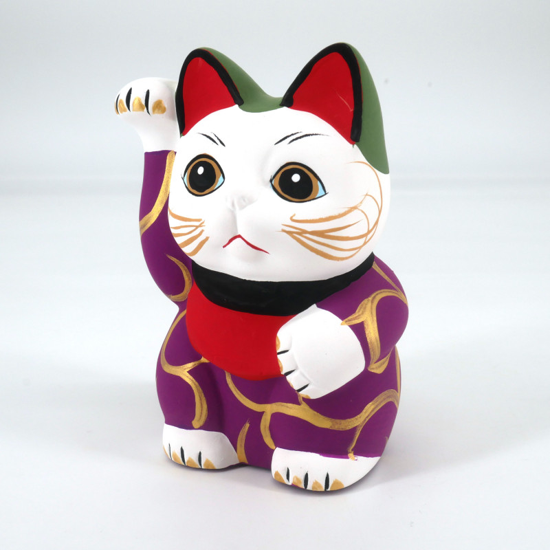 Gato de la suerte japonés manekineko, MURASAKINO KARAKUSA, morado y arabescos