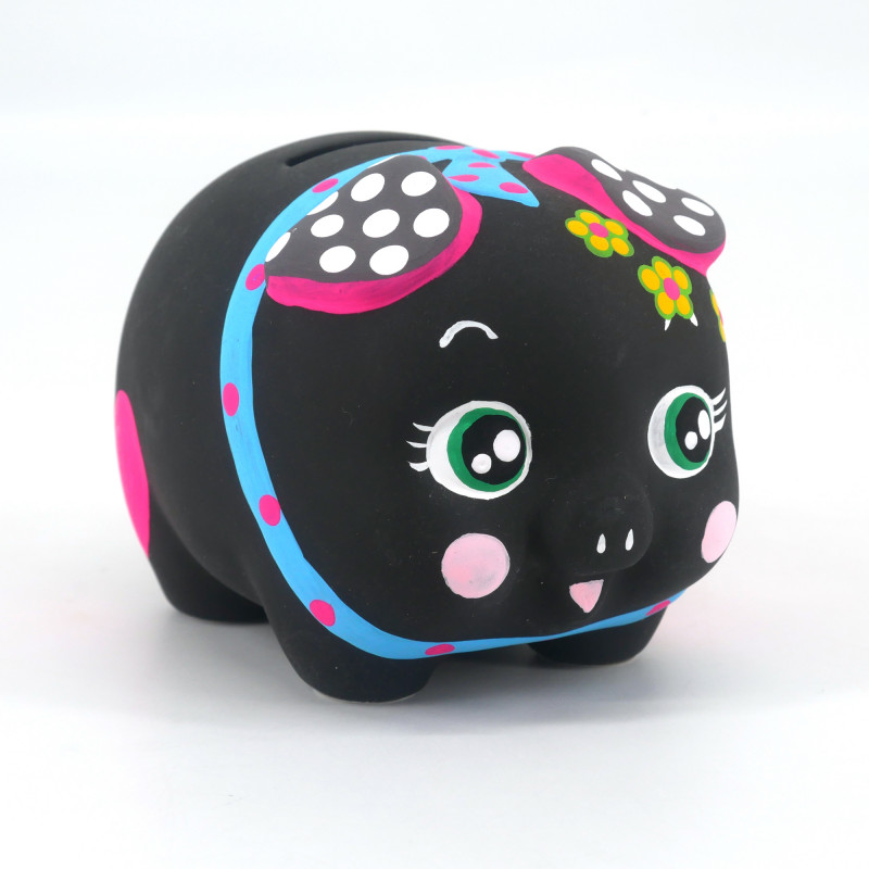 Piggy bank, KURO, black with hearts and flowers