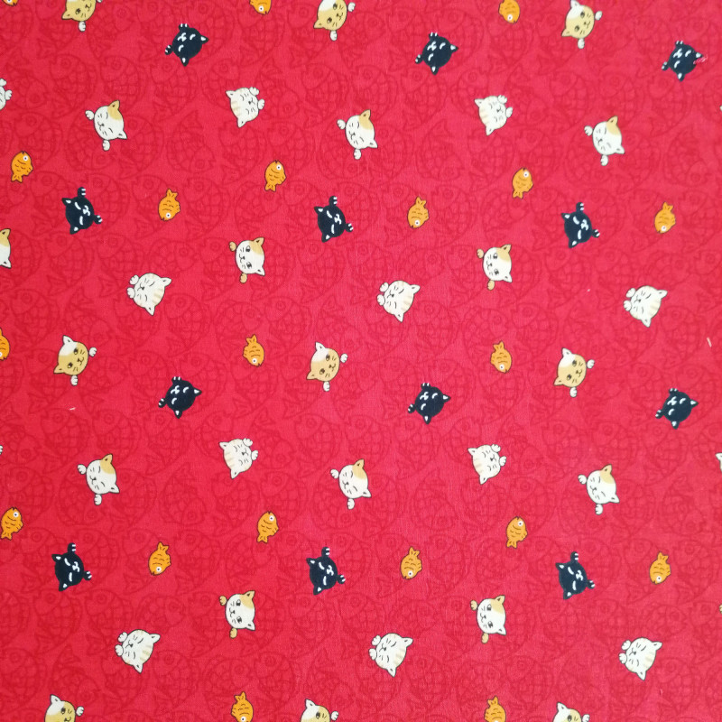 Tissu Rouge Japonais En Coton Motifs Neko Doku Chat Et Poisson