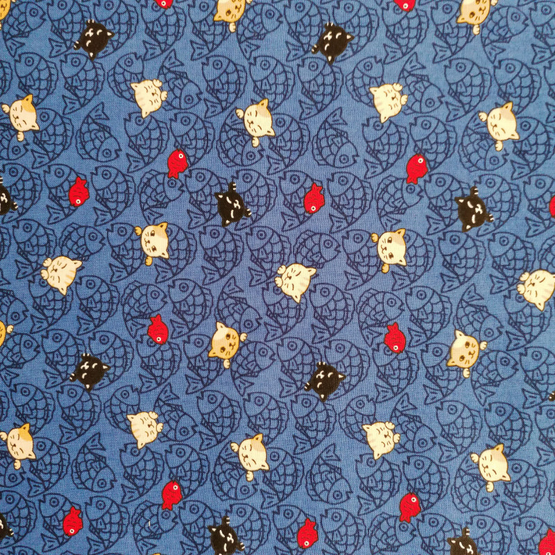 Tissu Bleu Japonais En Coton Motifs Neko Doku Chat Et Poisson