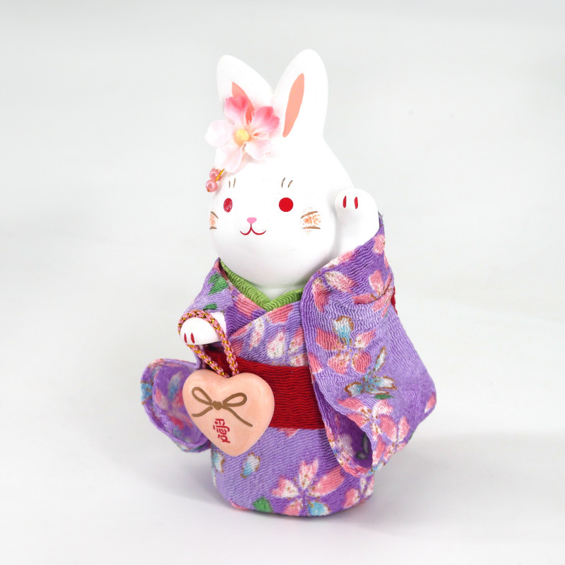 White ceramic rabbit ornament, HANAUSAGI AI, purple kimono