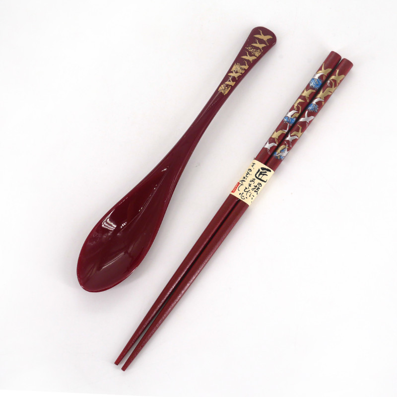 Set pair of wooden chopsticks and assorted red resin spoons, TSURU
