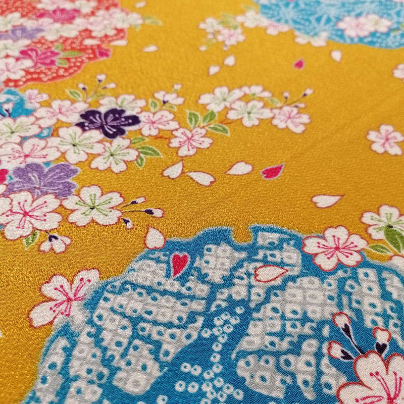 Tissu jaune japonais en polyester chirimen motif fleur de cerisier, SAKURA, fabriqué au Japon largeur 112 cm x 1m