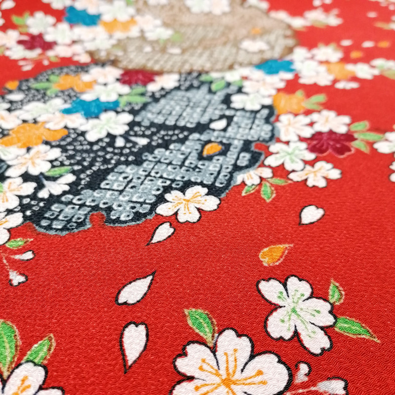 Japanese red polyester chirimen fabric with cherry blossom motif, SAKURA, made in Japan width 112 cm x 1m