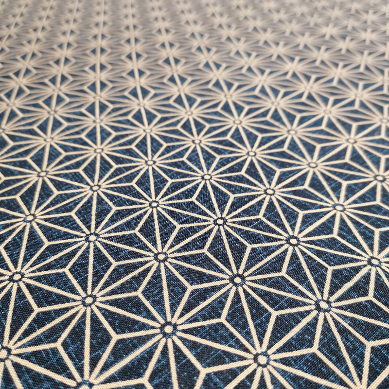 Tessuto giapponese in cotone blu con motivo asanoha, ASANOHA, realizzato in Giappone larghezza 112 cm x 1m