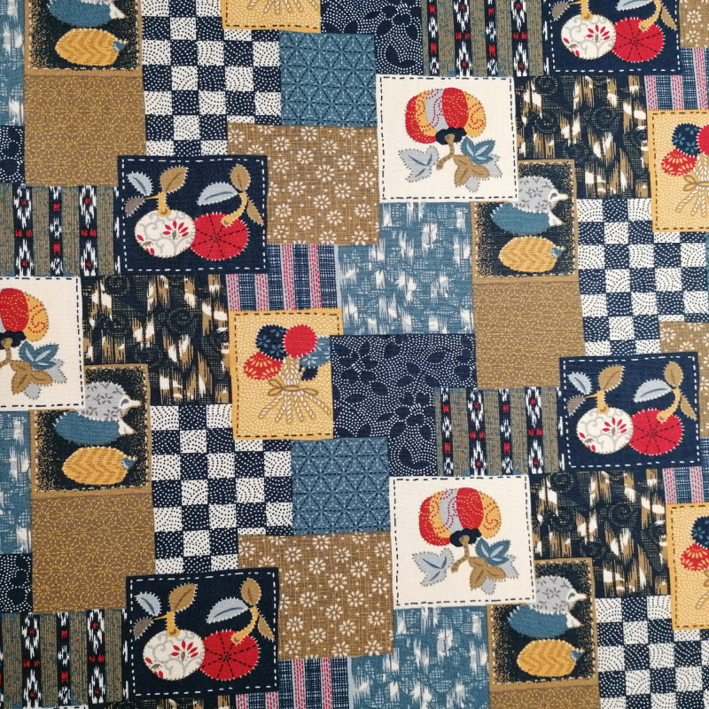  Tissu  bleu japonais  en coton motif patchwork PATCHIWAKU 