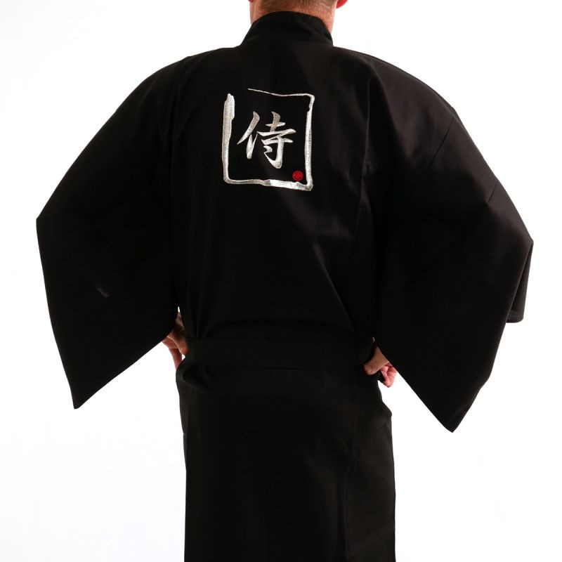 Happi kimono kanji nero samurai in cotone shantung giapponese da uomo